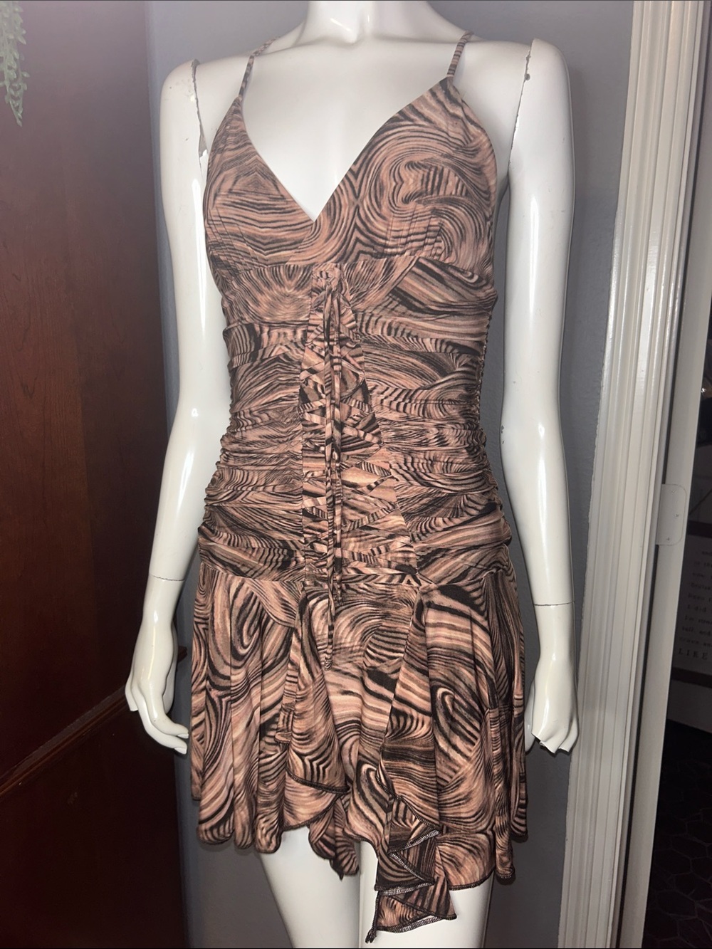 Sleeveless Ruched V-Neck Mini Dress w/Brown Swirl pattern